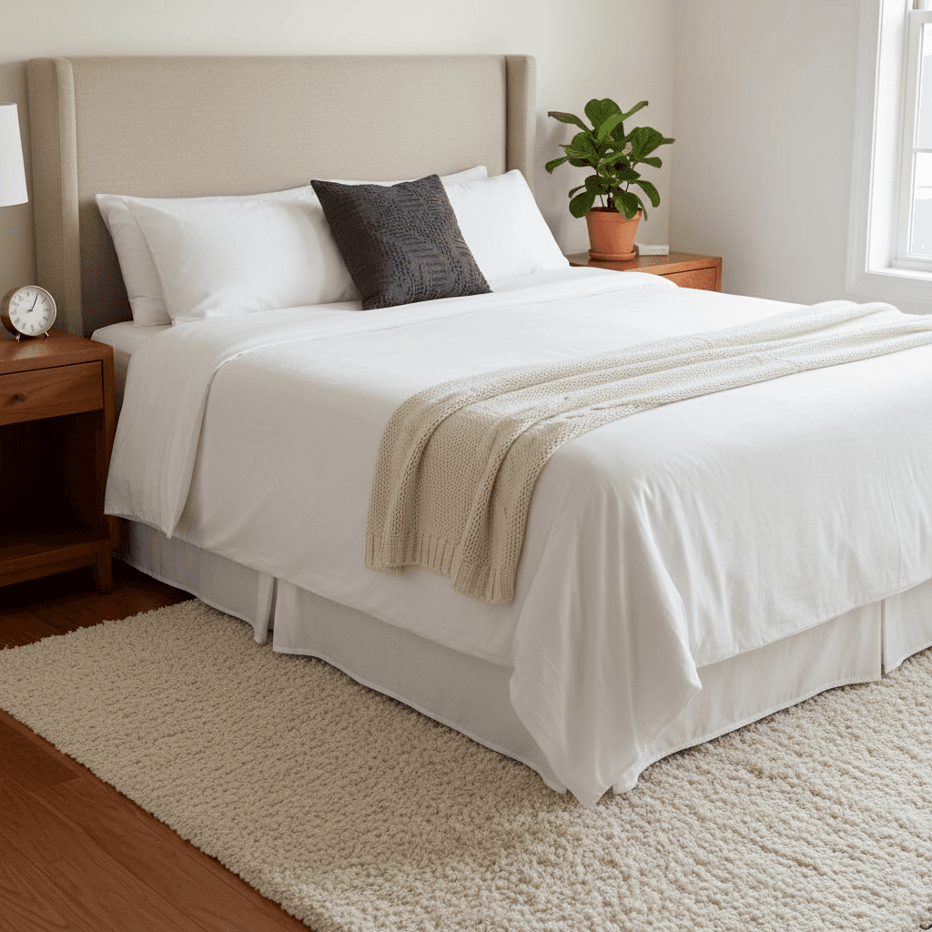 A neatly made hotel-style bed with white linens and a decorative pillow after cleaning