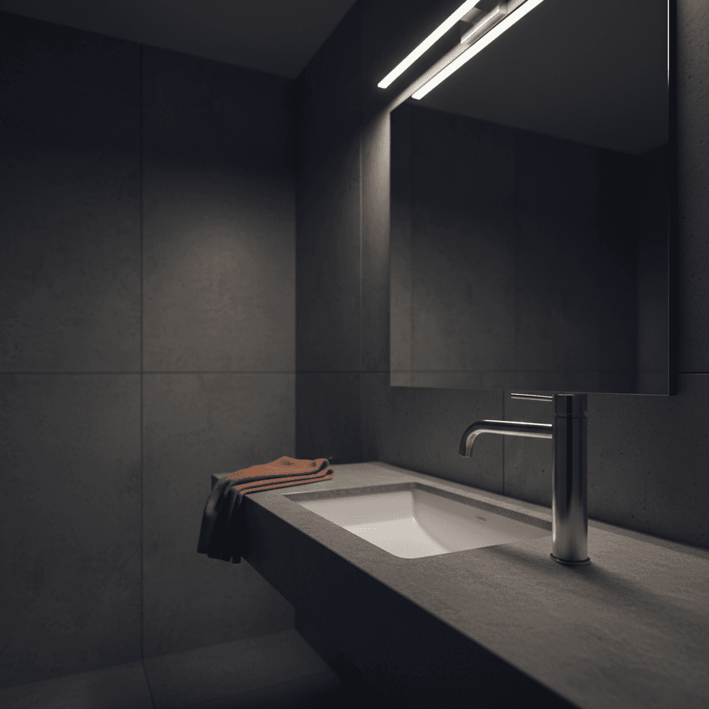 Polished bathroom sink and faucet reflecting in a mirror