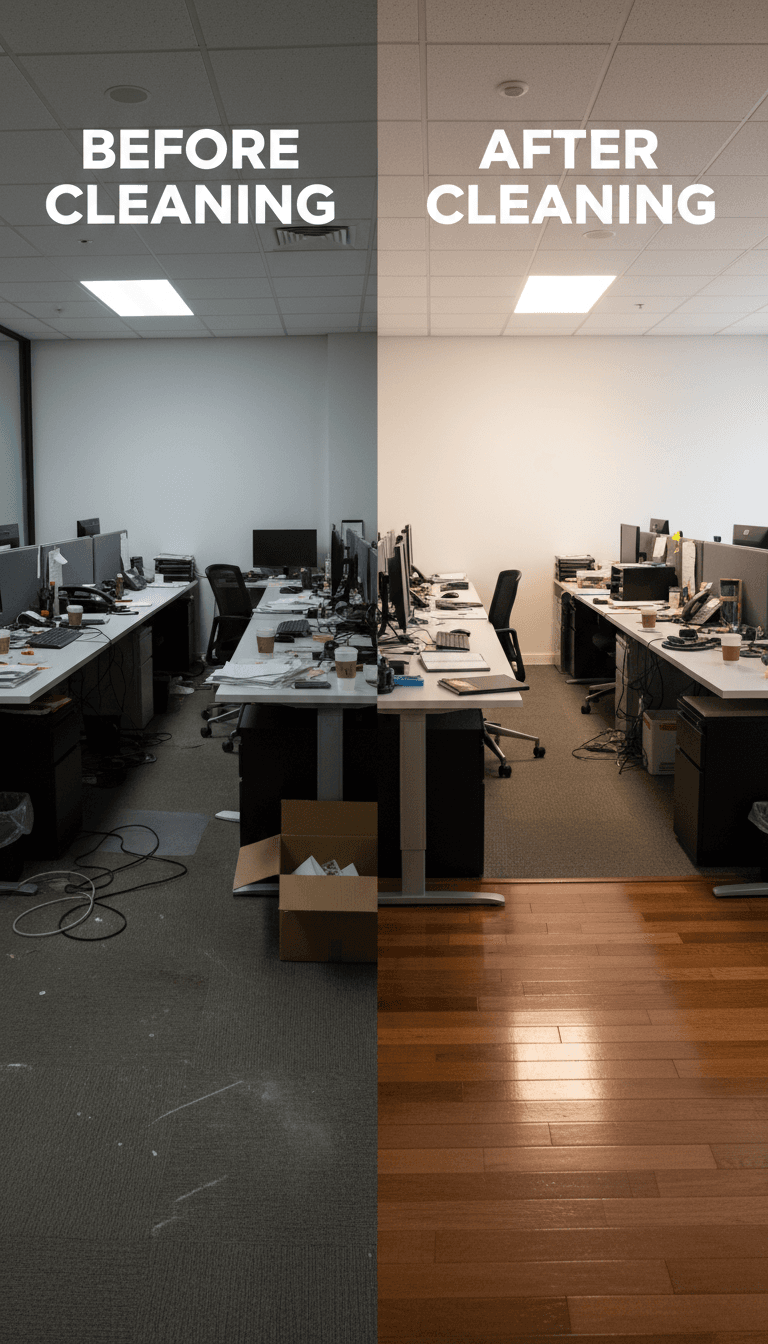 Office space after a professional cleaning — tidy desks and gleaming floors