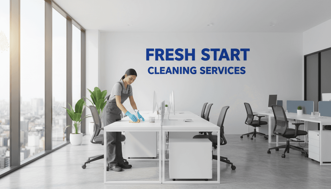 Professional cleaner wiping an office desk in a bright commercial space