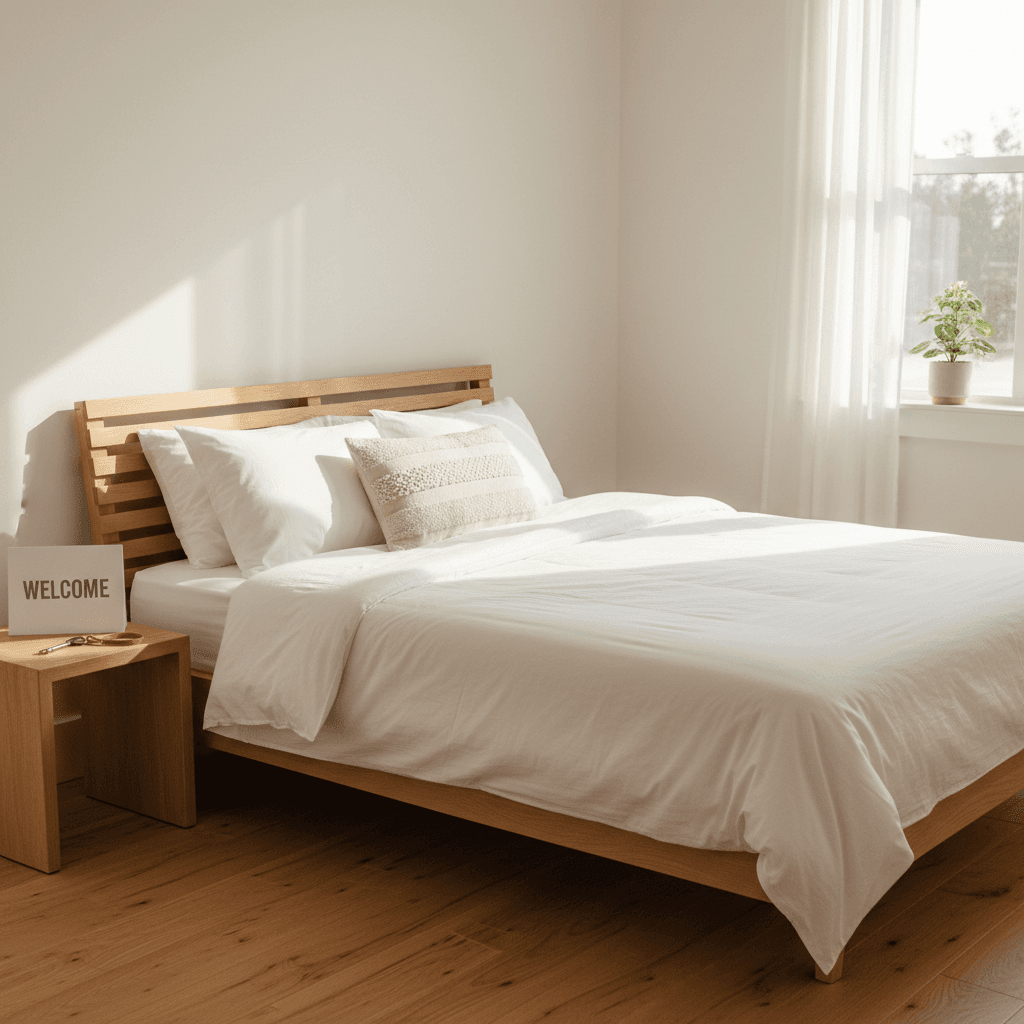 Freshly made bed and clean room ready for Airbnb guests
