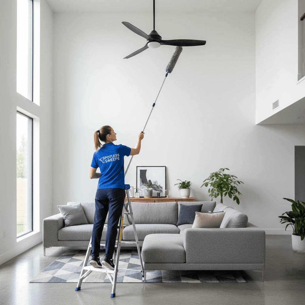 professional cleaner dusting ceiling fan blades with extendable duster in modern home