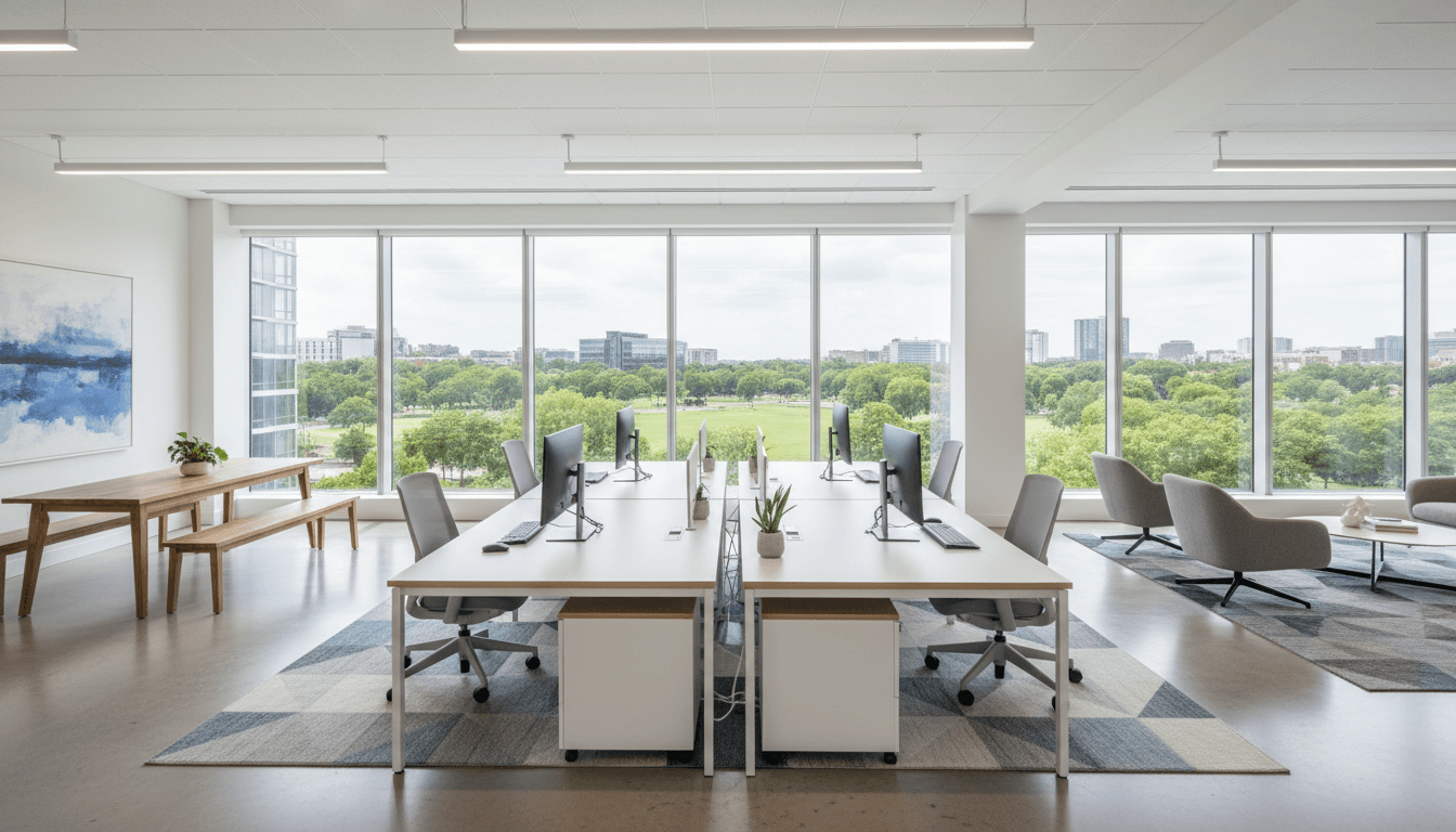 Clean modern office with desks and natural light