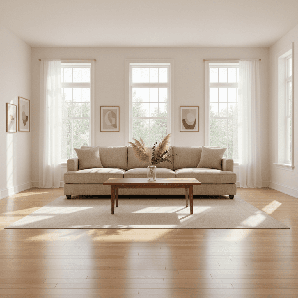 Living room after a deep clean with polished hardwood floors and sunlight through clean windows