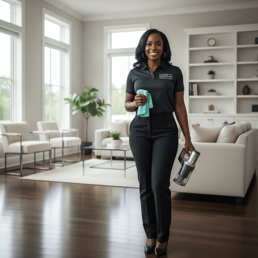 Naweta, owner of Lynett Treasures, smiling in a clean, modern living room with cleaning tools.