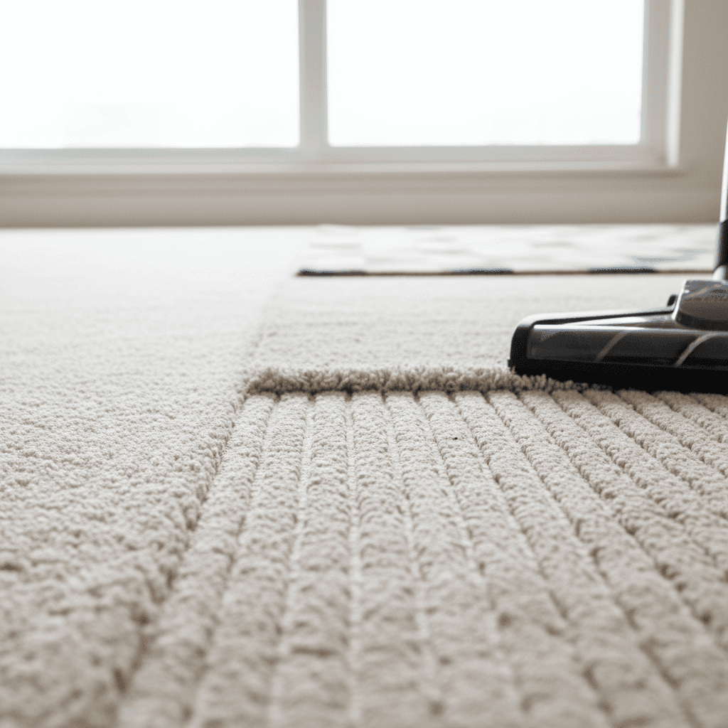 A vacuum cleaner on a light beige carpet leaving clean, straight brush marks