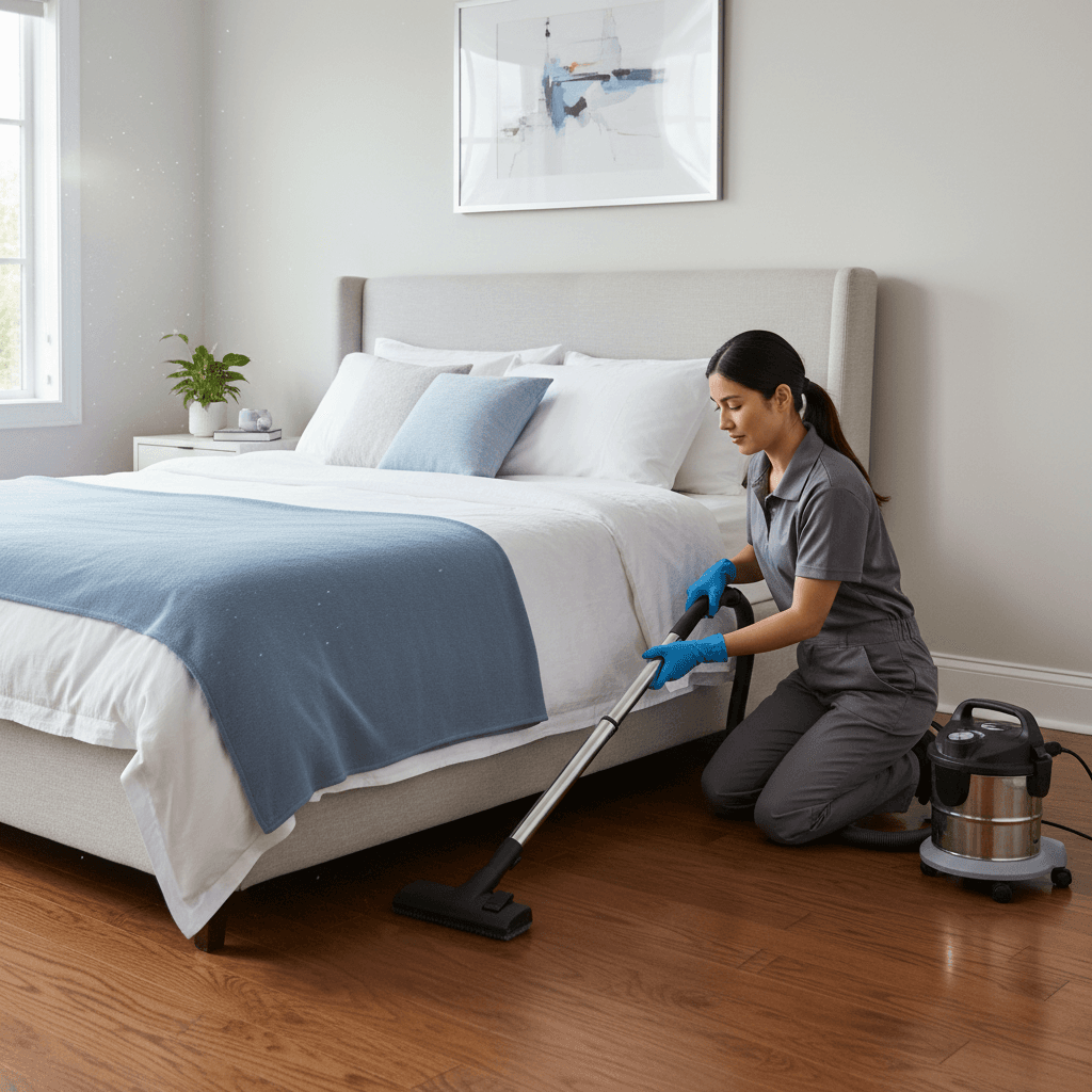 bedroom with bed made and corner baseboard being dusted by professional cleaner