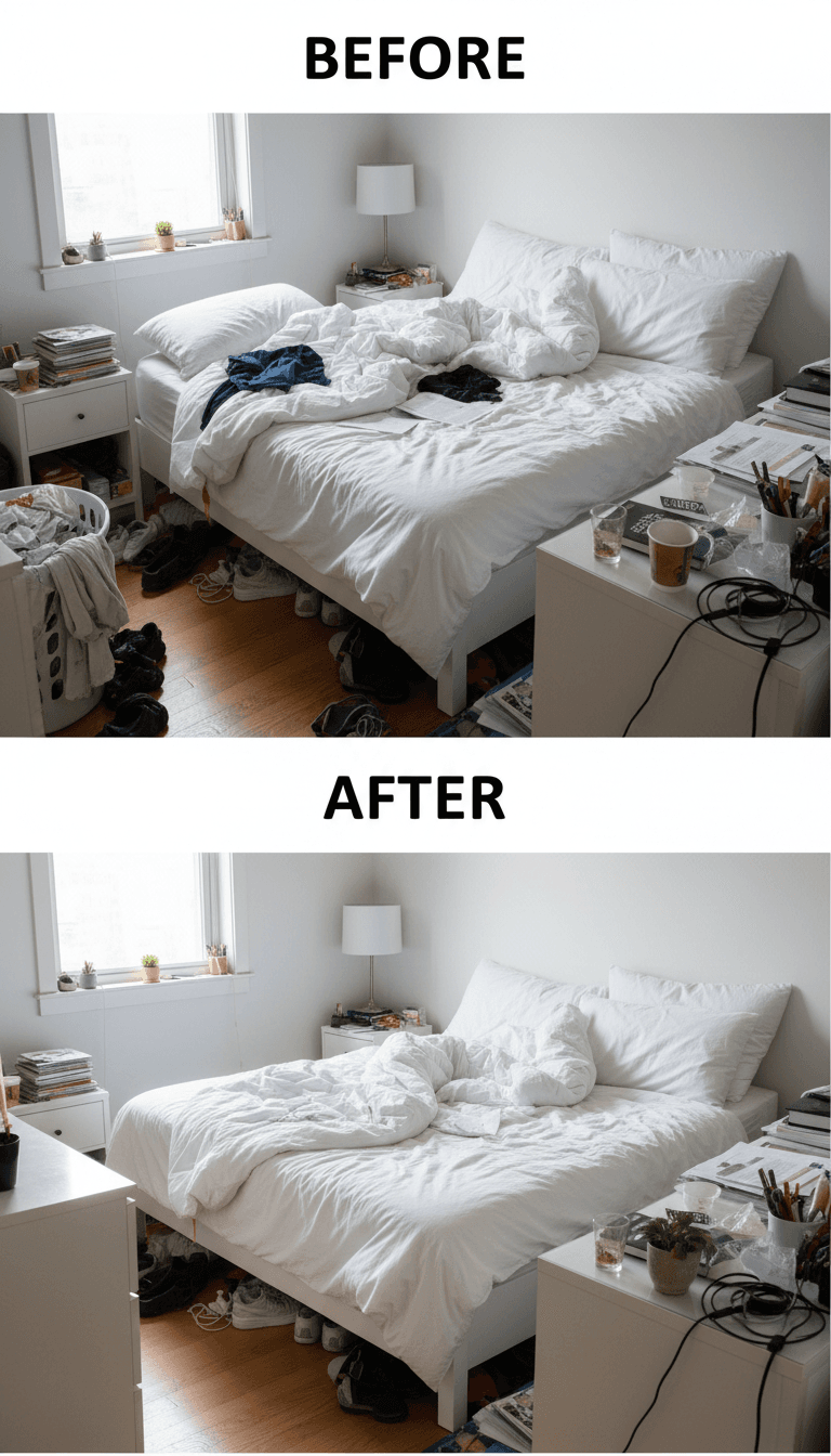 Bedroom transformed with fresh linens and dust-free furniture