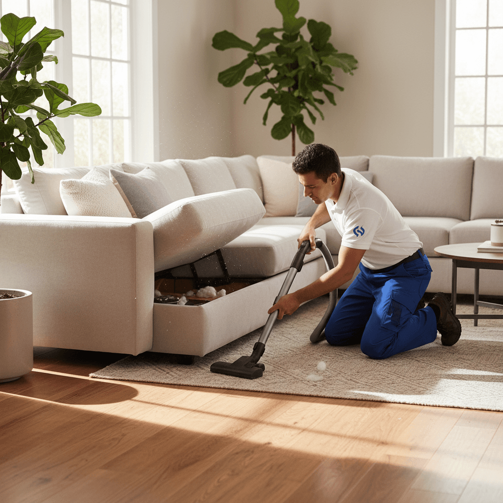 cleaner vacuuming under couch cushions in bright living room with natural light