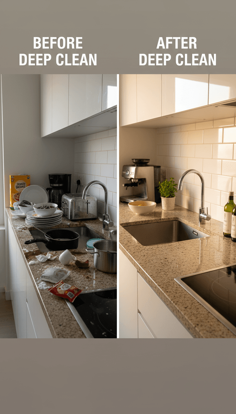 Kitchen counter after a deep clean — shiny, clear, and spotless