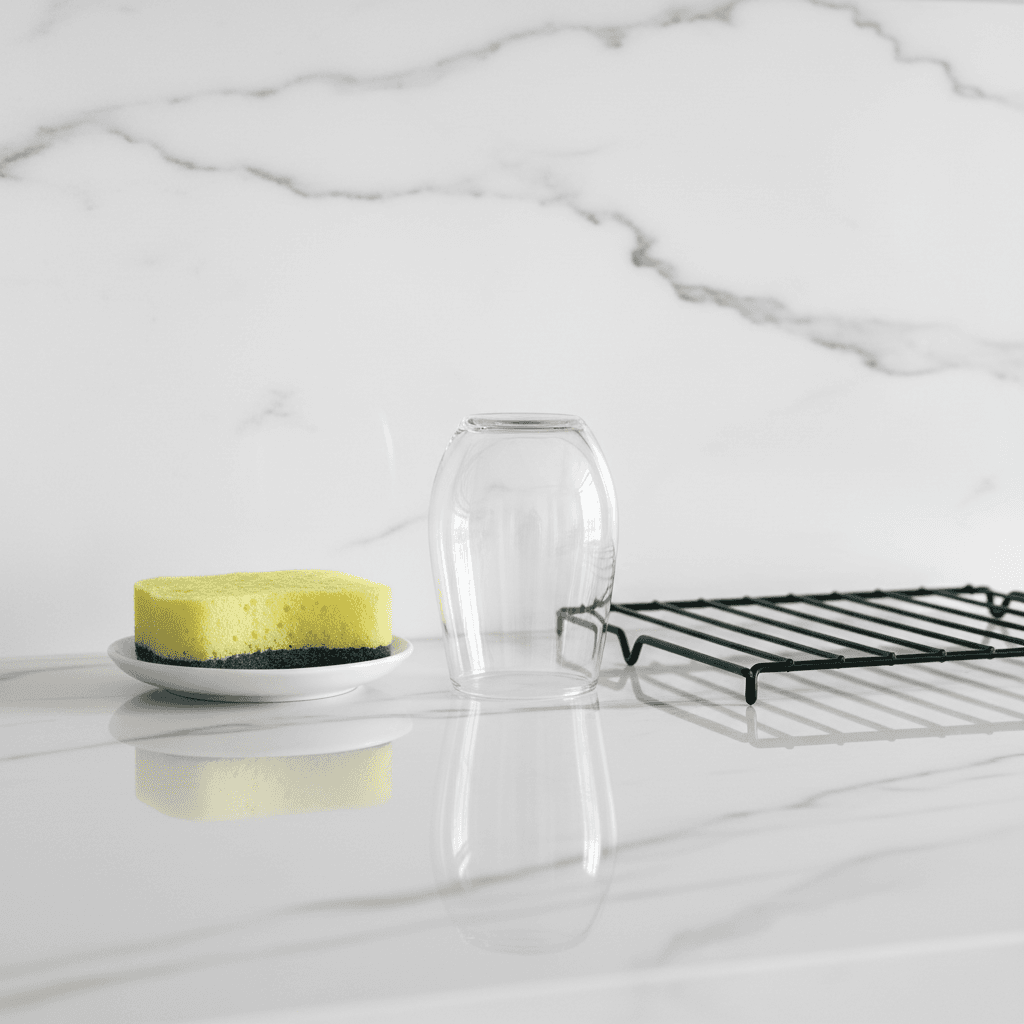 Close-up of a clean kitchen countertop with a shiny marble surface and a drying glass