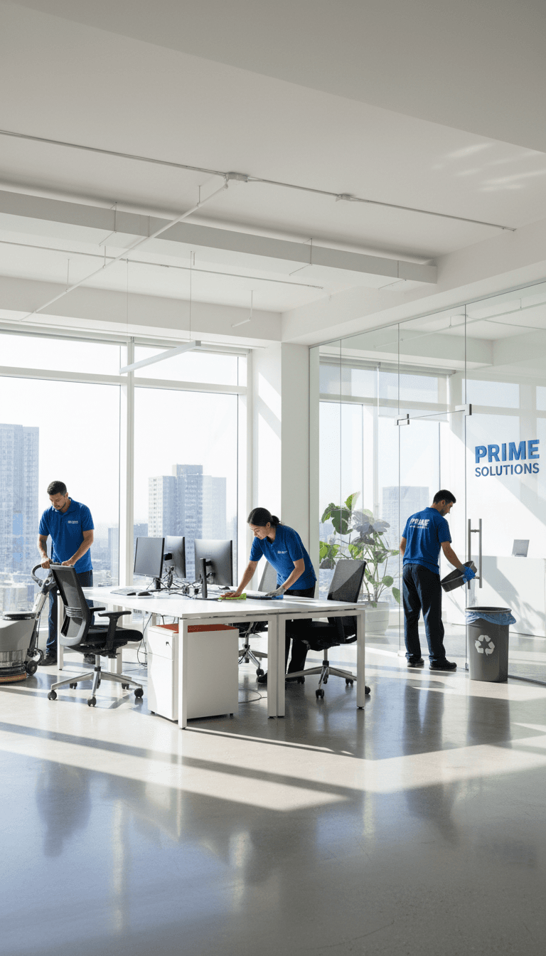 Cleaning crew in a bright modern office