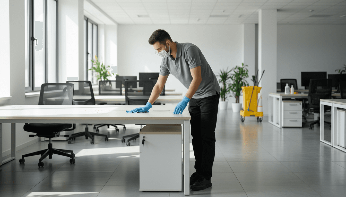 Professional cleaner wiping an office desk in a bright commercial space