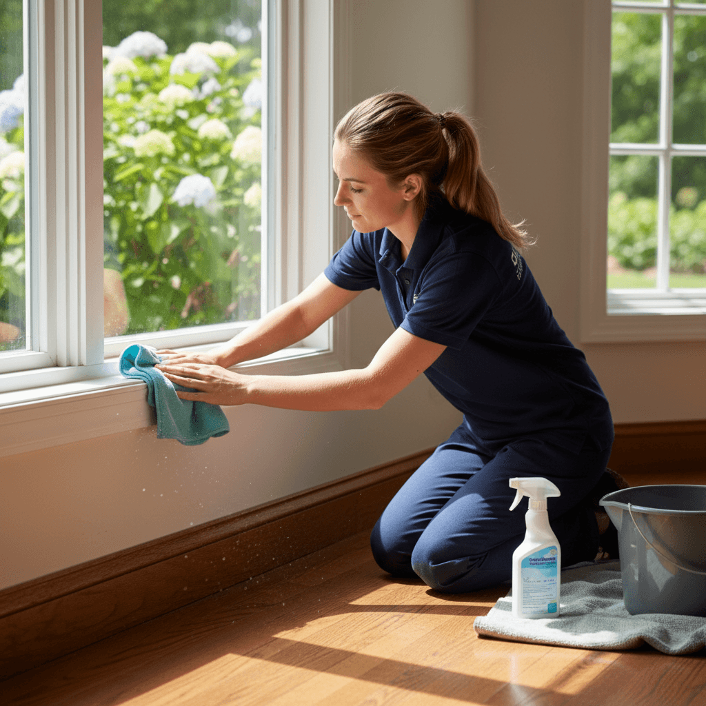 Professional cleaner wiping baseboards and window sills
