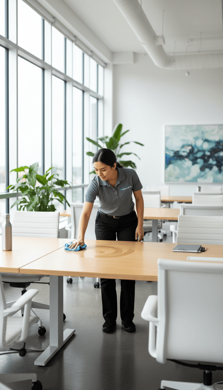 Professional cleaner carefully wiping an office workstation in a bright commercial space