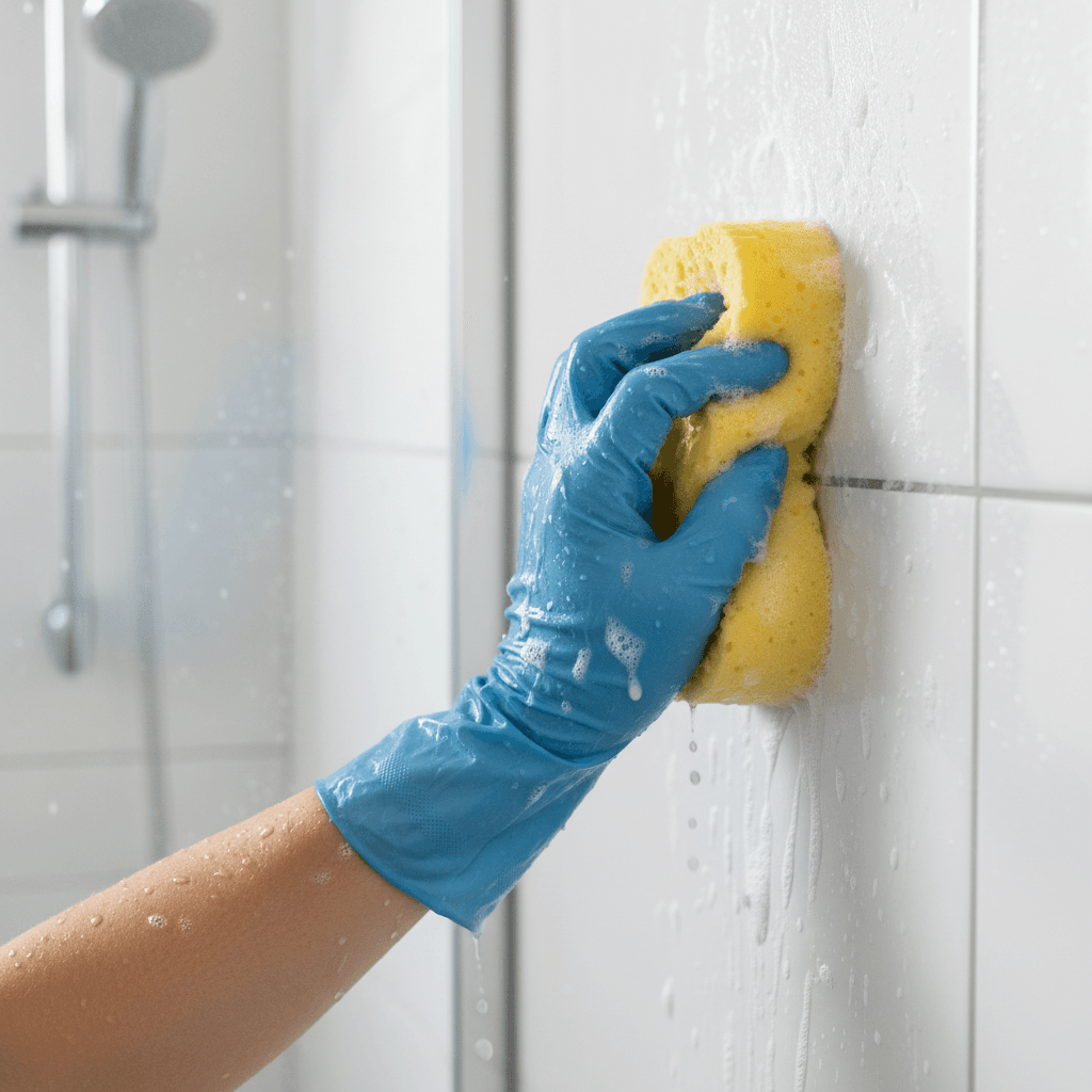 cleaner hand scrubbing shower tiles and grout with sponge in bathroom