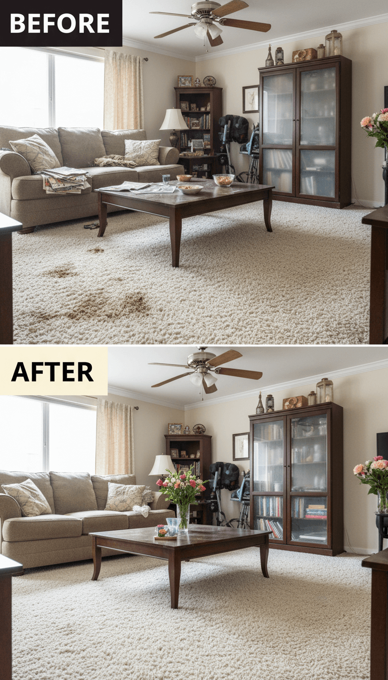 Living room refreshed with dust-free surfaces and vacuumed carpets