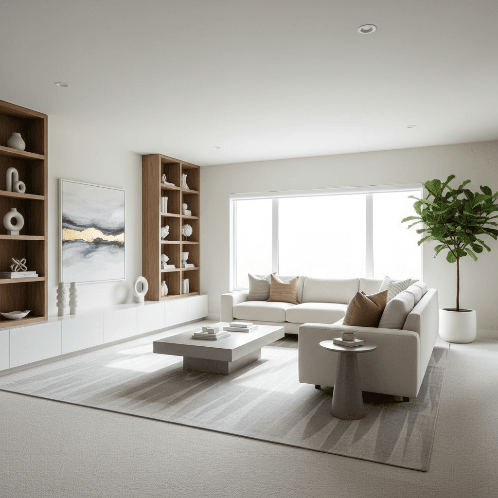 Clean living room with vacuumed carpet and polished surfaces