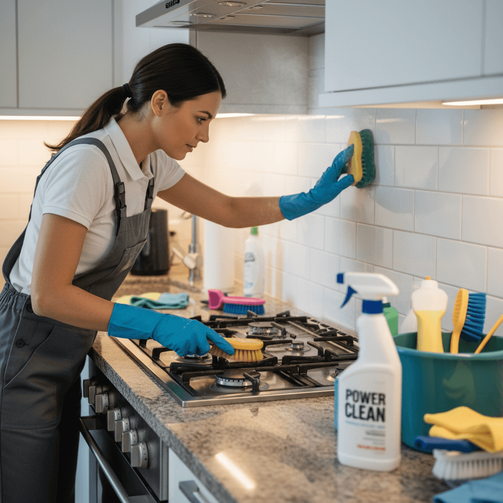 professional cleaner scrubbing kitchen stove and backsplash with cleaning supplies