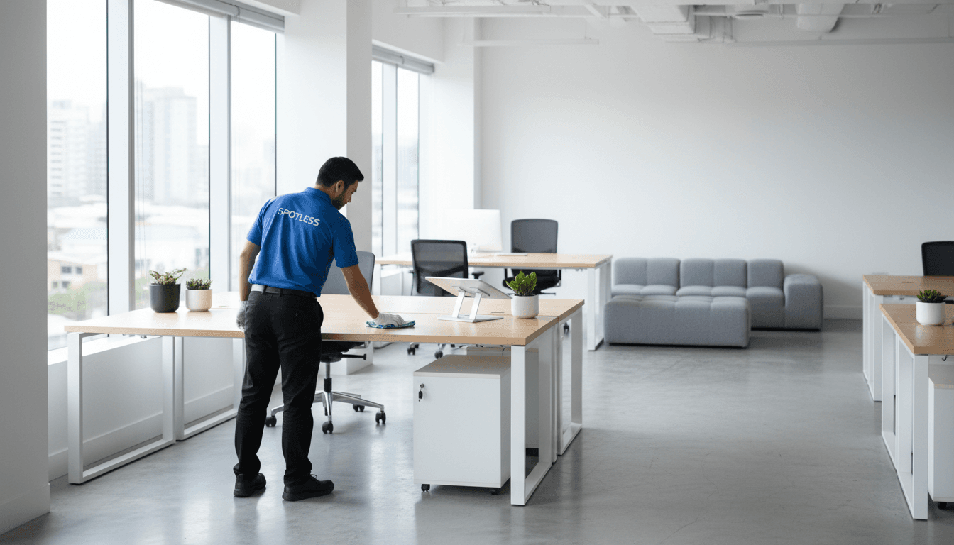 Professional cleaner wiping down an office desk in a bright commercial space