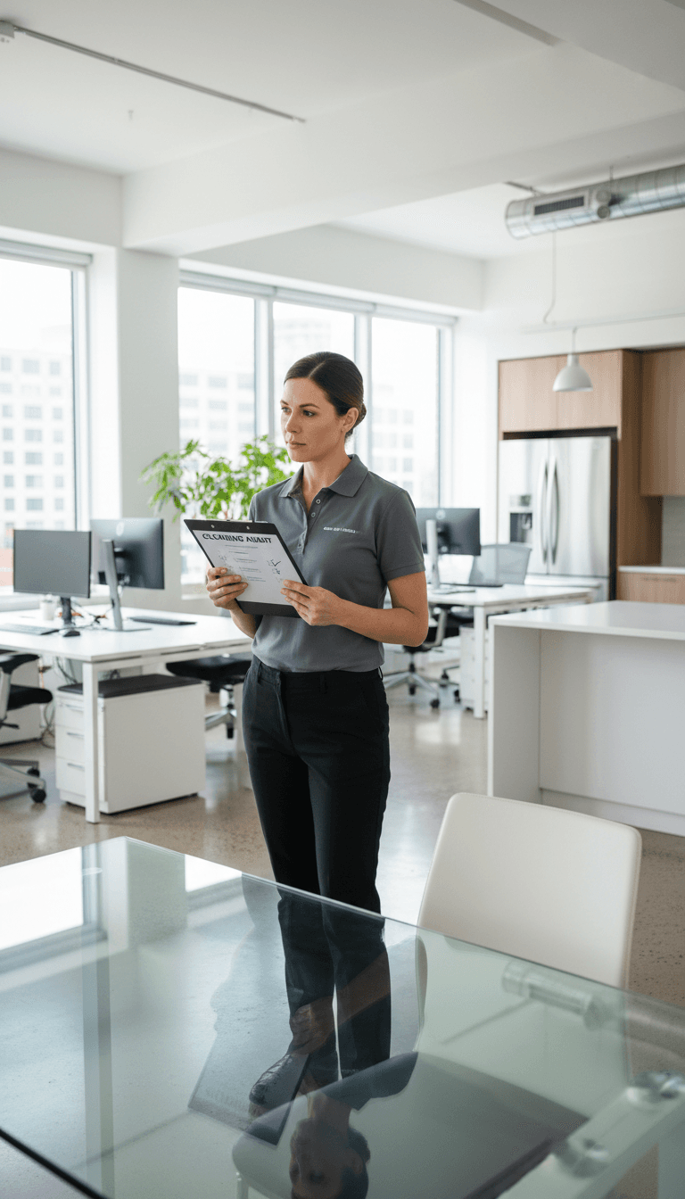 Commercial cleaner reviewing an inspection checklist in a bright modern office