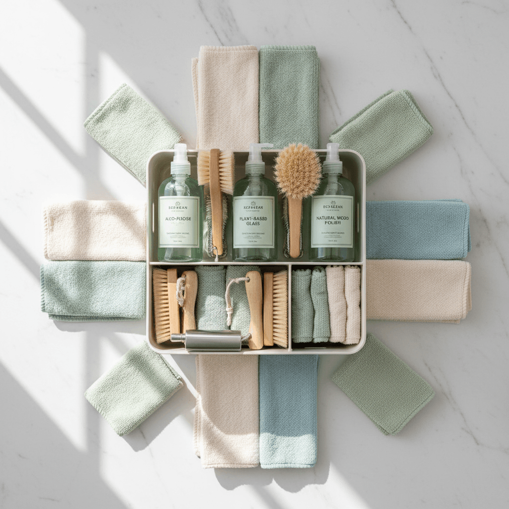 Neatly organized cleaning caddy with spray bottle and colorful microfiber cloths