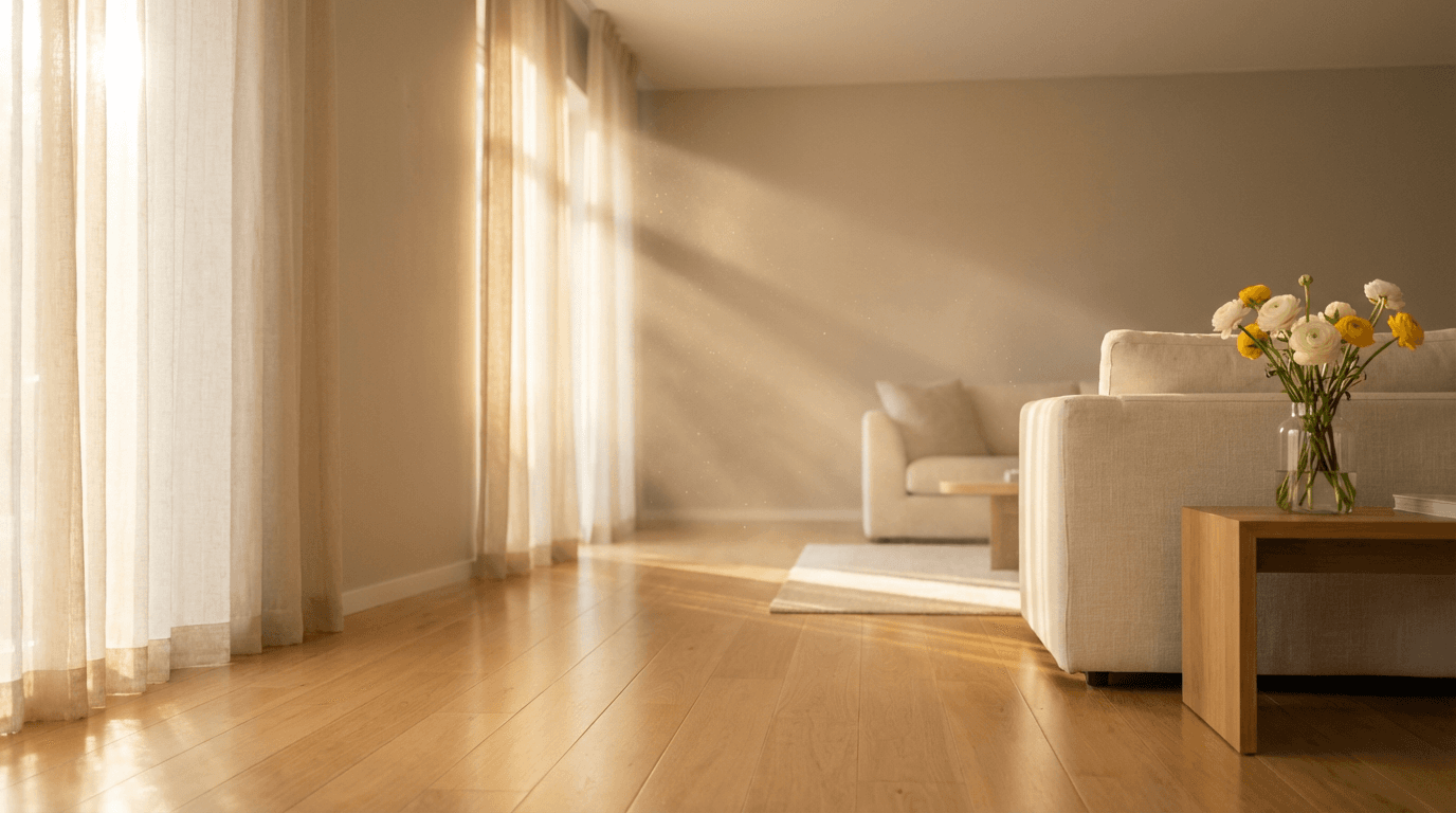 Sunlit empty living room with clean floors and fresh window light