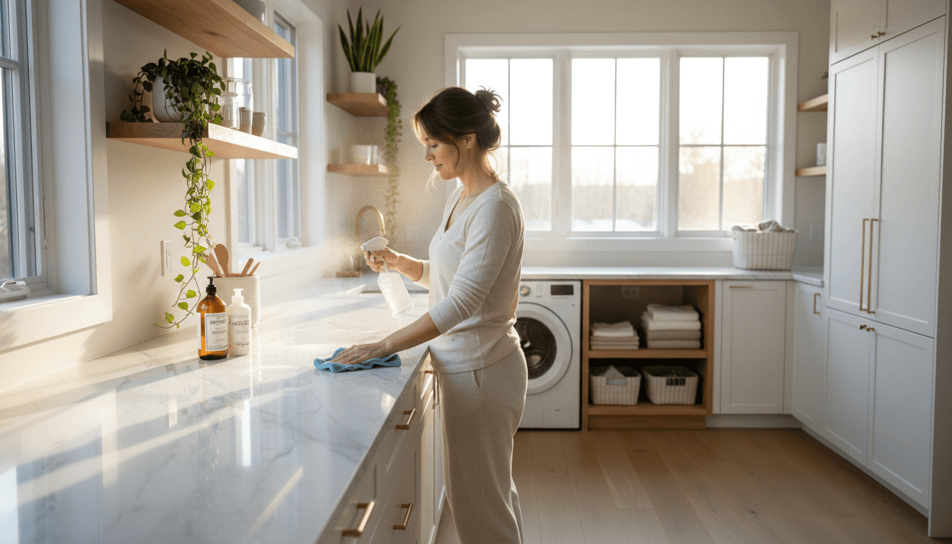 Friendly cleaner in a polo shirt smiling with cleaning supplies in a tidy living room