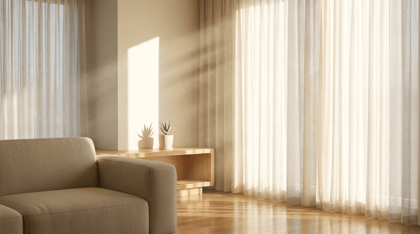 Sunlit empty living room with dust motes floating in the air after cleaning