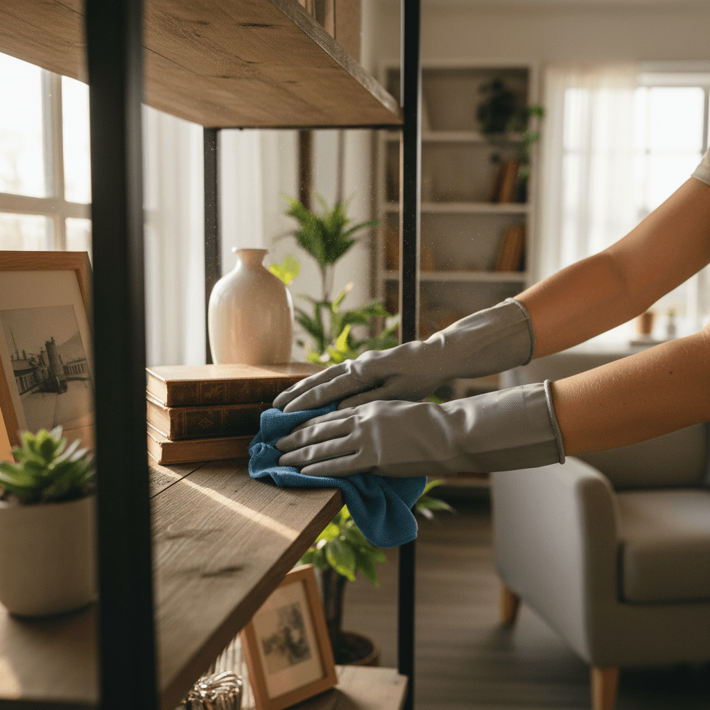 Gloved hand wiping a wooden baseboard with a microfiber cloth