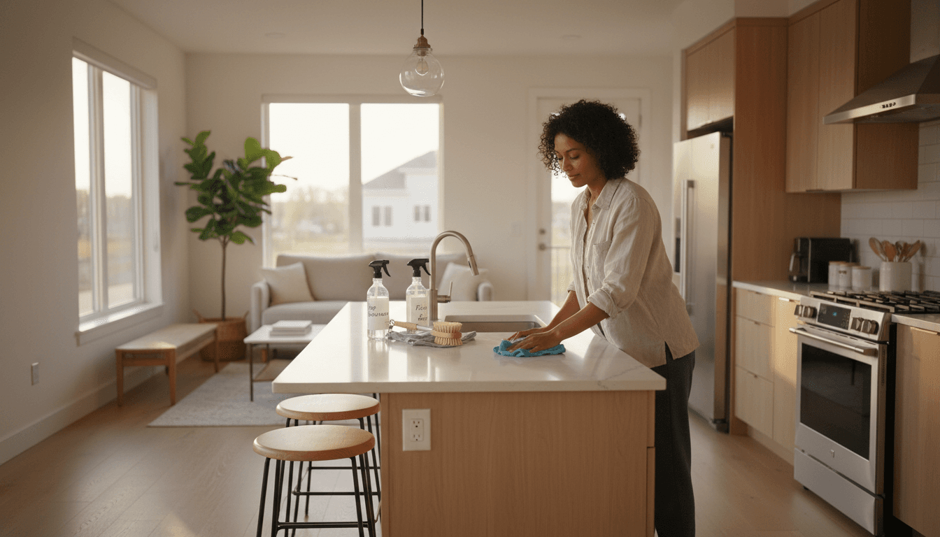 Clean kitchen counter with a sponge and a bottle of cleaning spray