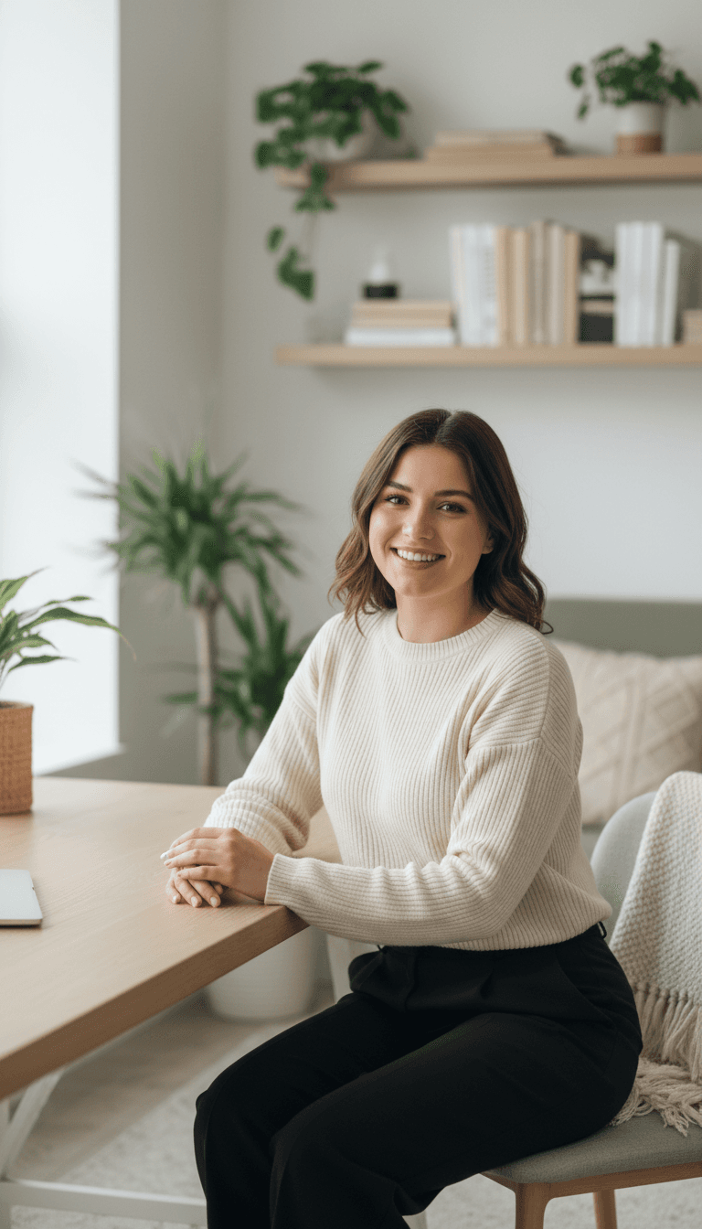 Professional woman smiling confidently in bright home office with plants and natural lighting