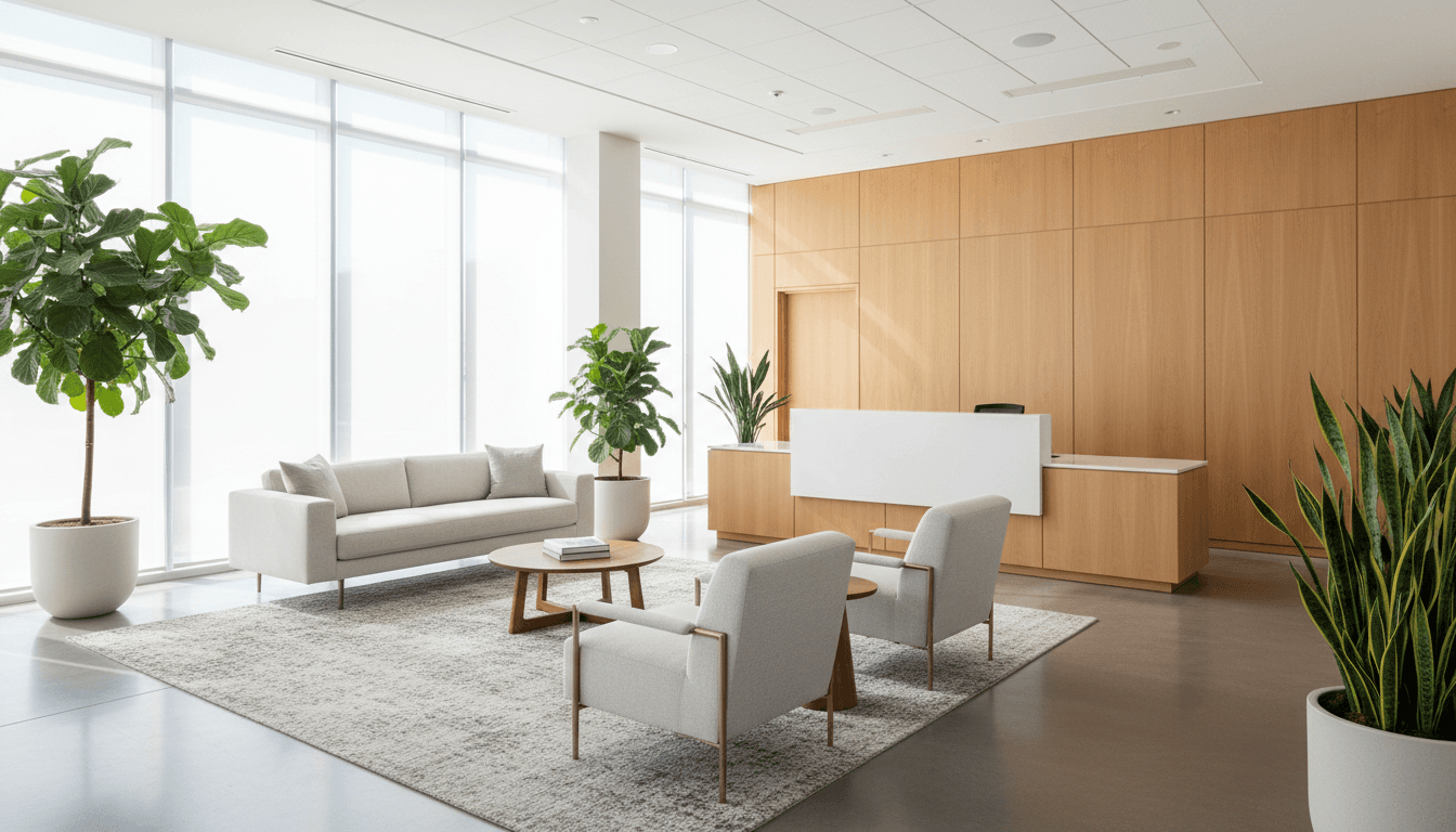 Clean lobby entrance with streak-free glass door and plant