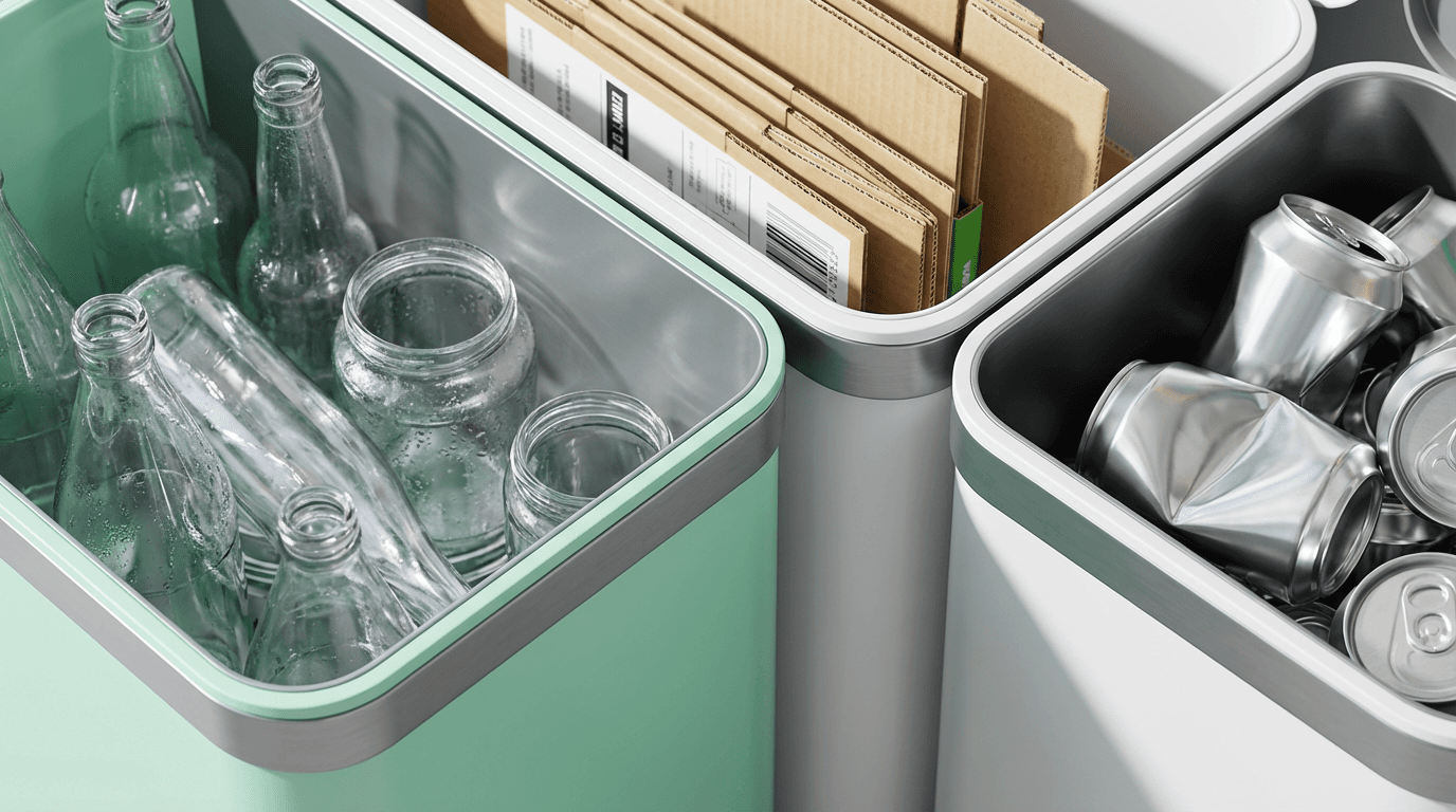 Fresh-lined trash and recycling bins in clean office hallway