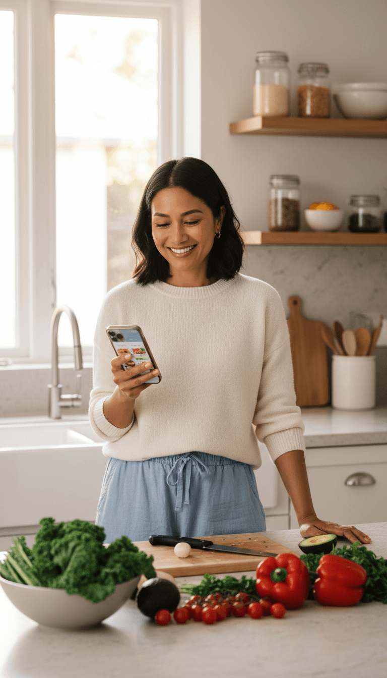 Local business owner checking messages on a smartphone in a clean kitchen