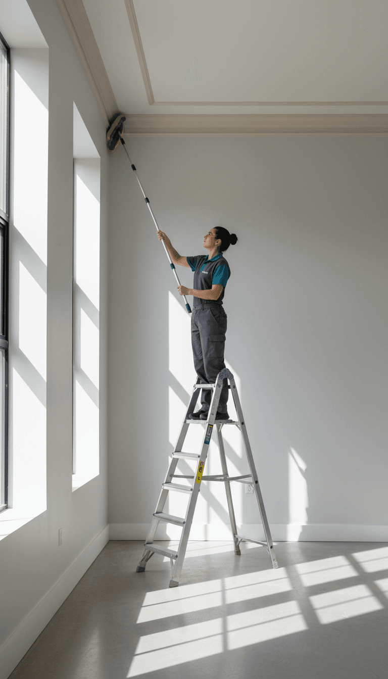 Cleaning professional on stepladder reaching up to wipe ceiling corners and trim details
