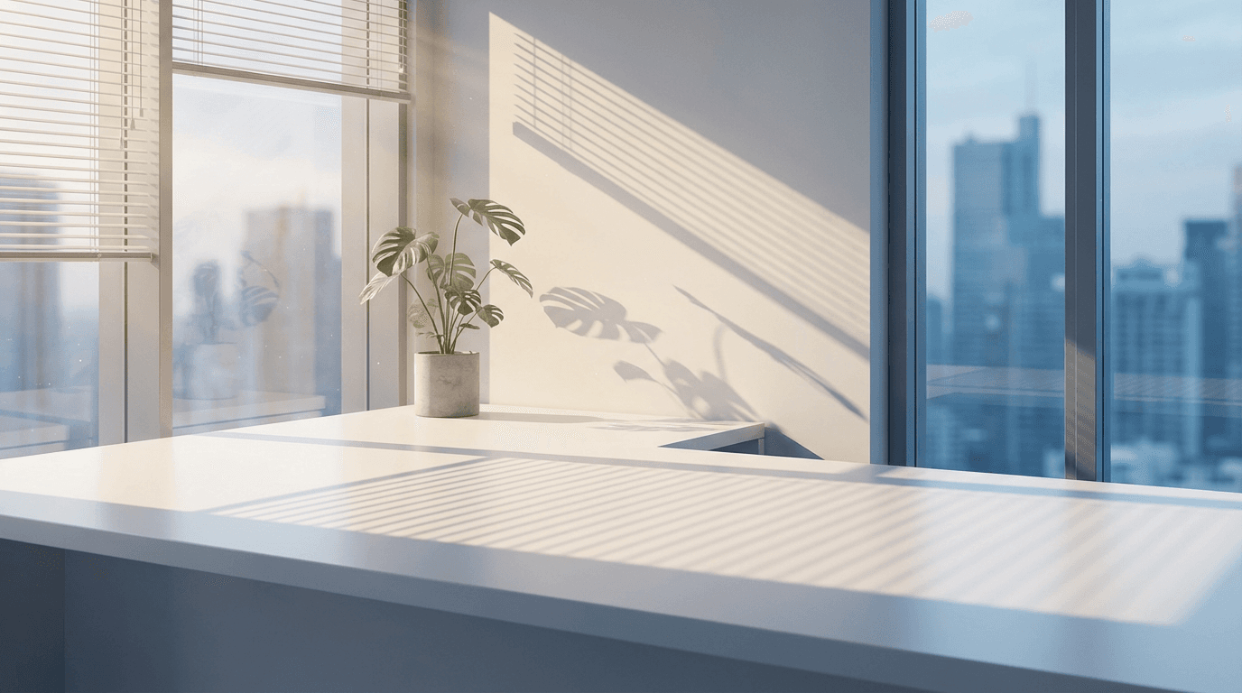 Bright modern office desk with geometric window shadows, potted plant, and city skyline visible through windows in background.