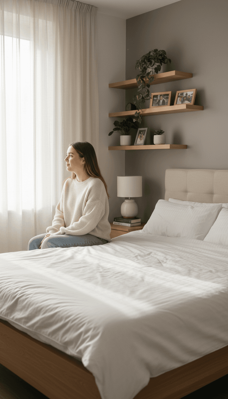 Resident sitting on neatly made bed in bright, naturally-lit shared bedroom with simple furnishings and warm neutral decor