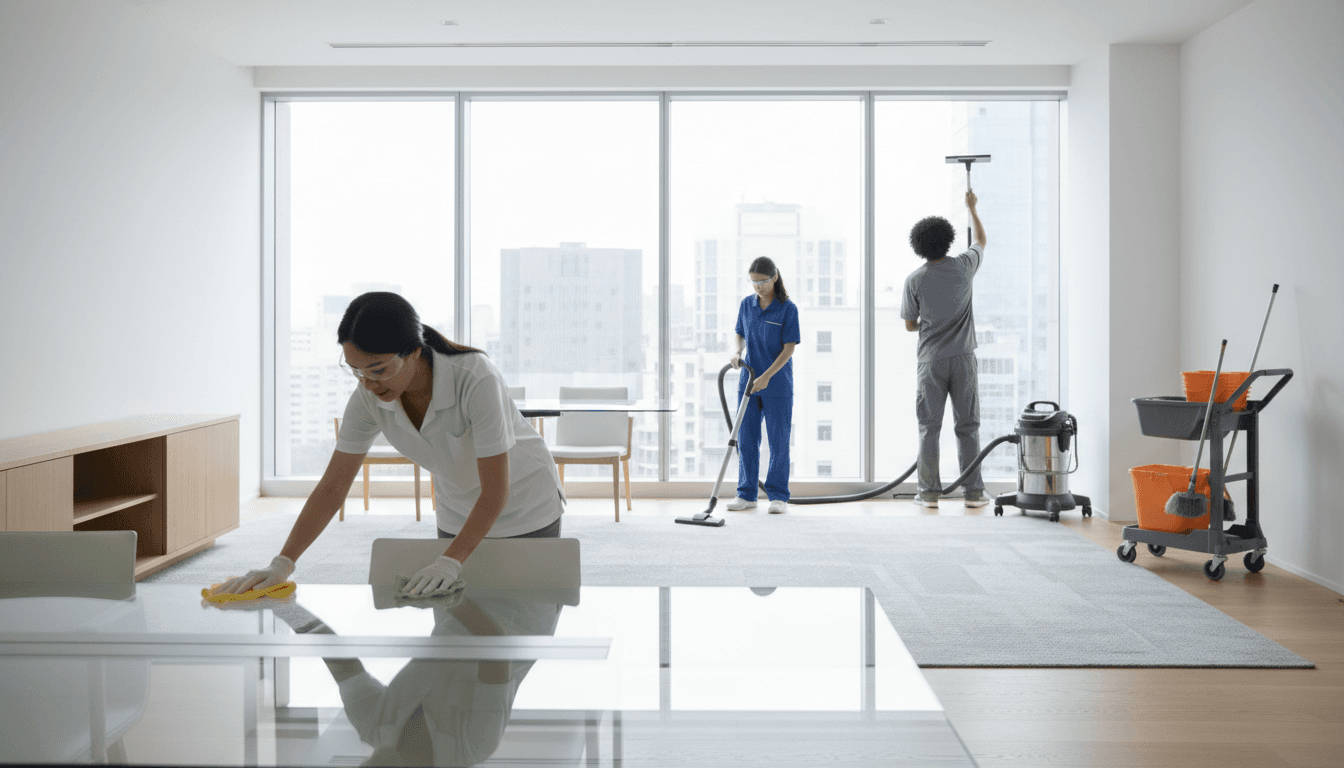 Professional cleaning team of three diverse workers cleaning modern office space with windows, vacuums, and cleaning equipment