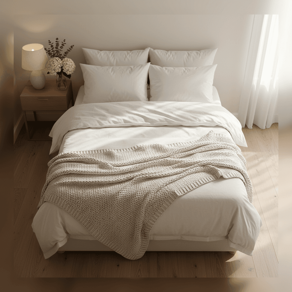 Neatly made bed in a short-term rental room with crisp white linens