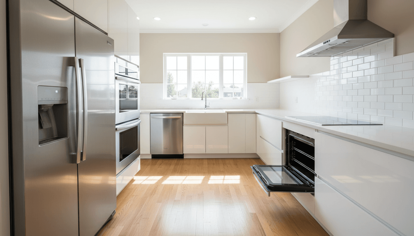 Bright, professionally cleaned modern kitchen with gleaming appliances, spotless counters, and immaculate surfaces ready for occupancy