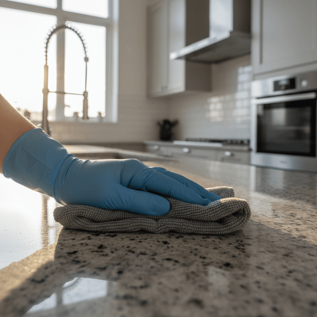 Cleaning spray bottle and folded microfiber cloth on a polished granite countertop