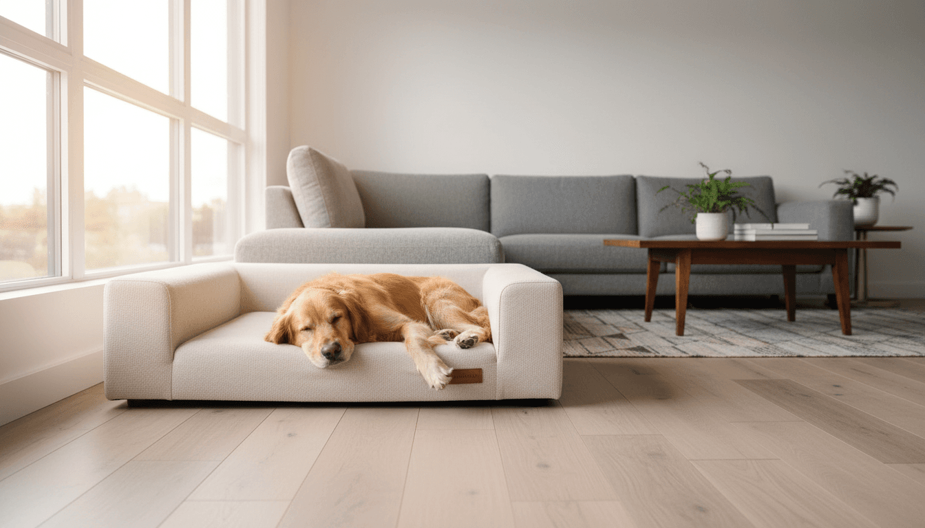 Dog resting on a clean vacuumed rug in a cozy living room