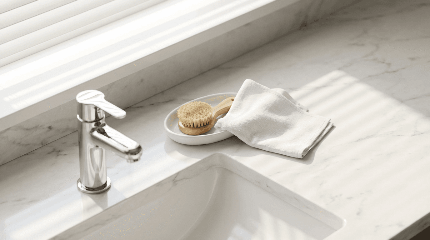 Spotless bathroom counter with refilled soap and paper towels